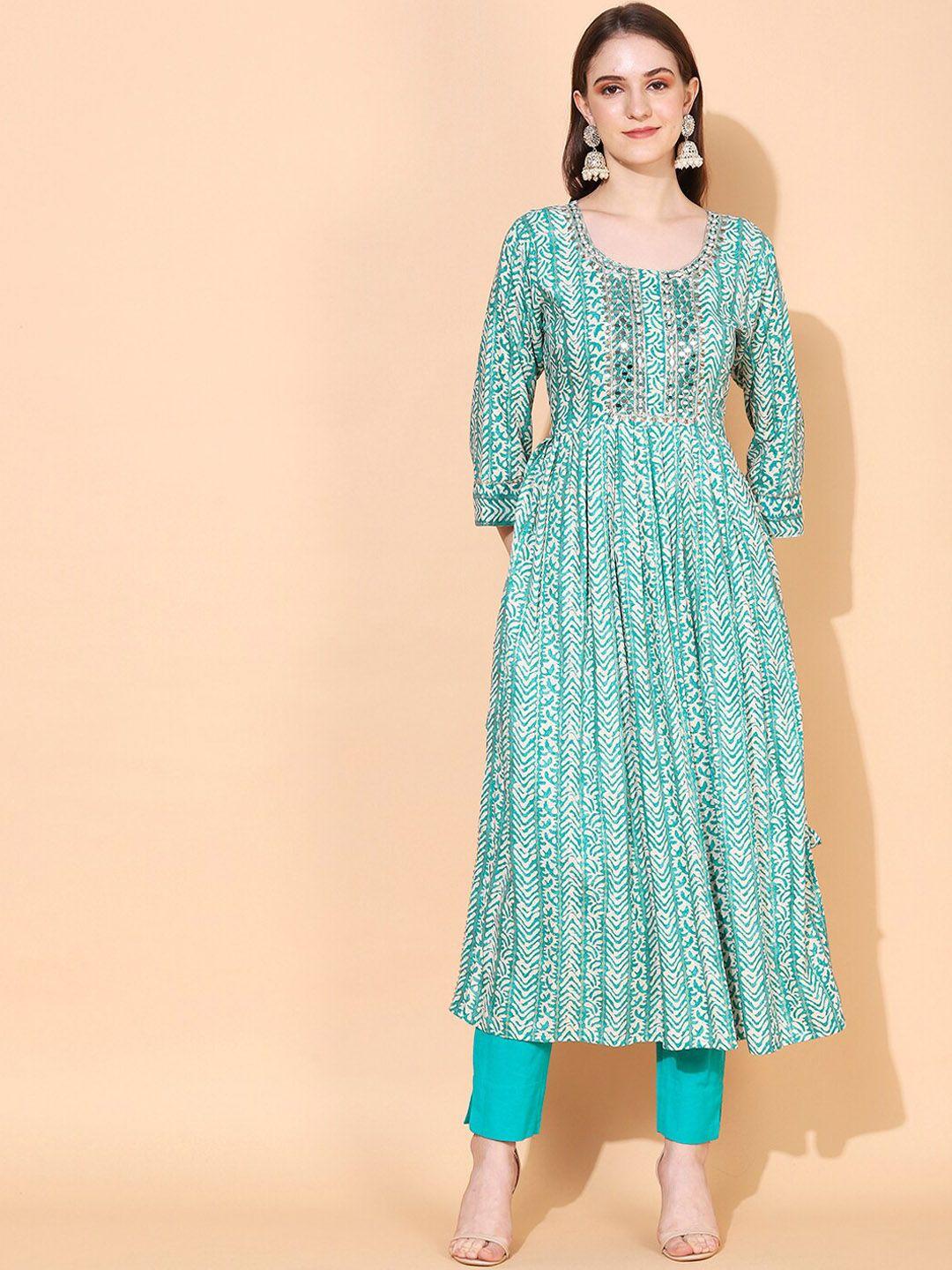 fashor women sea green ethnic motifs printed a-line kurta