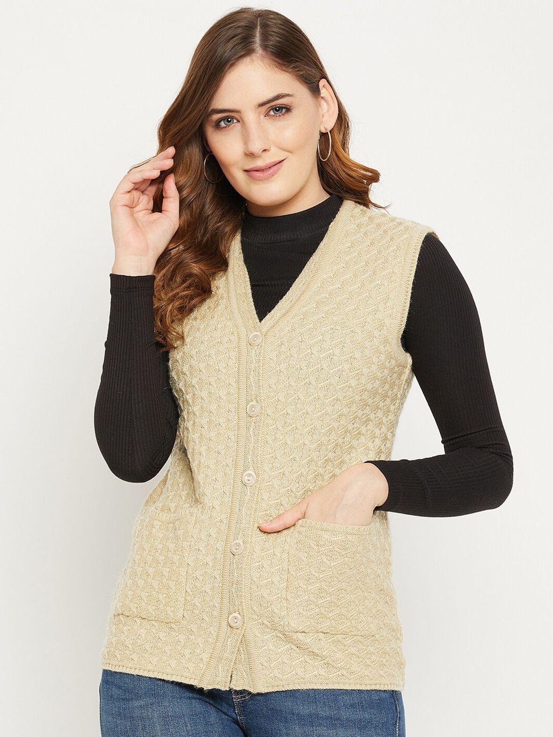 zigo women beige self design cable knit wool cardigan sweater