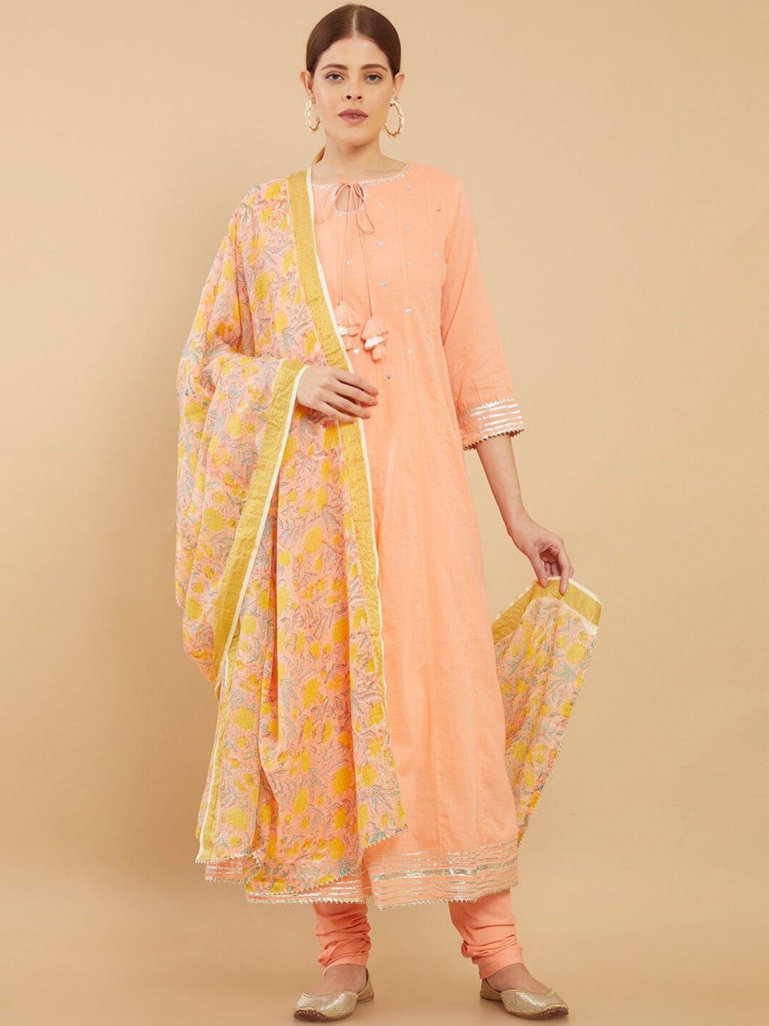 soch women peach-coloured pure cotton kurta with churidar with dupatta