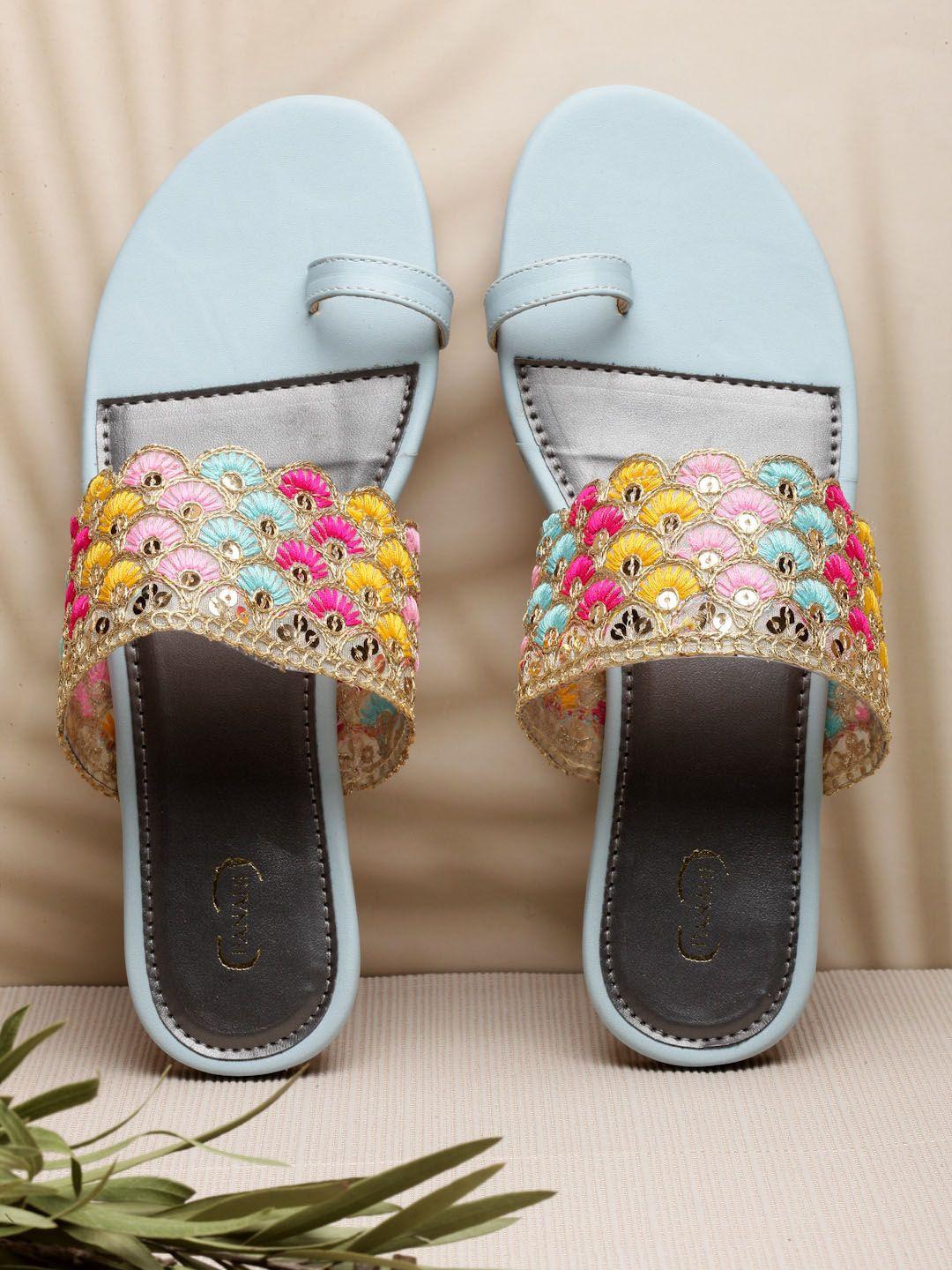 panahi women turquoise blue embellished ethnic one toe flats