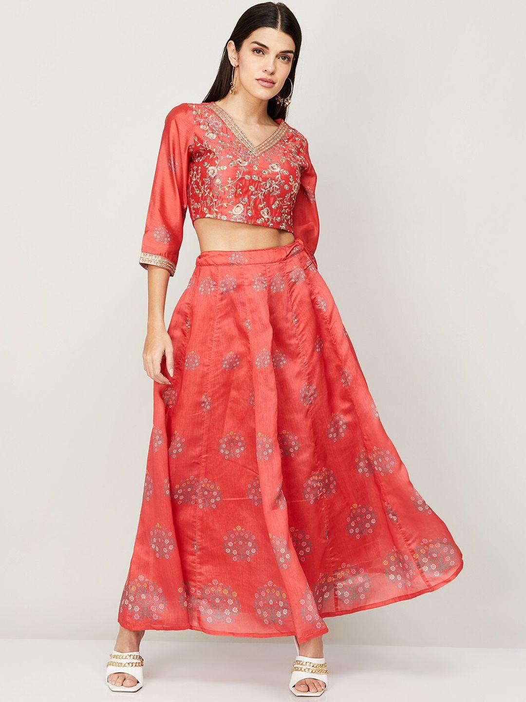 melange by lifestyle red embroidered thread work ready to wear lehenga & blouse & dupatta