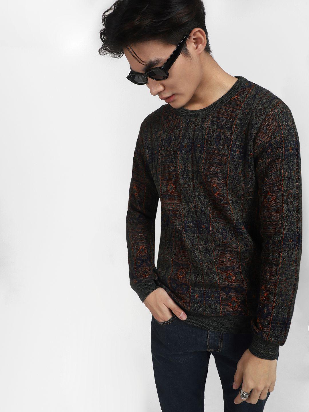 jack & jones men green & orange printed abstract pullover