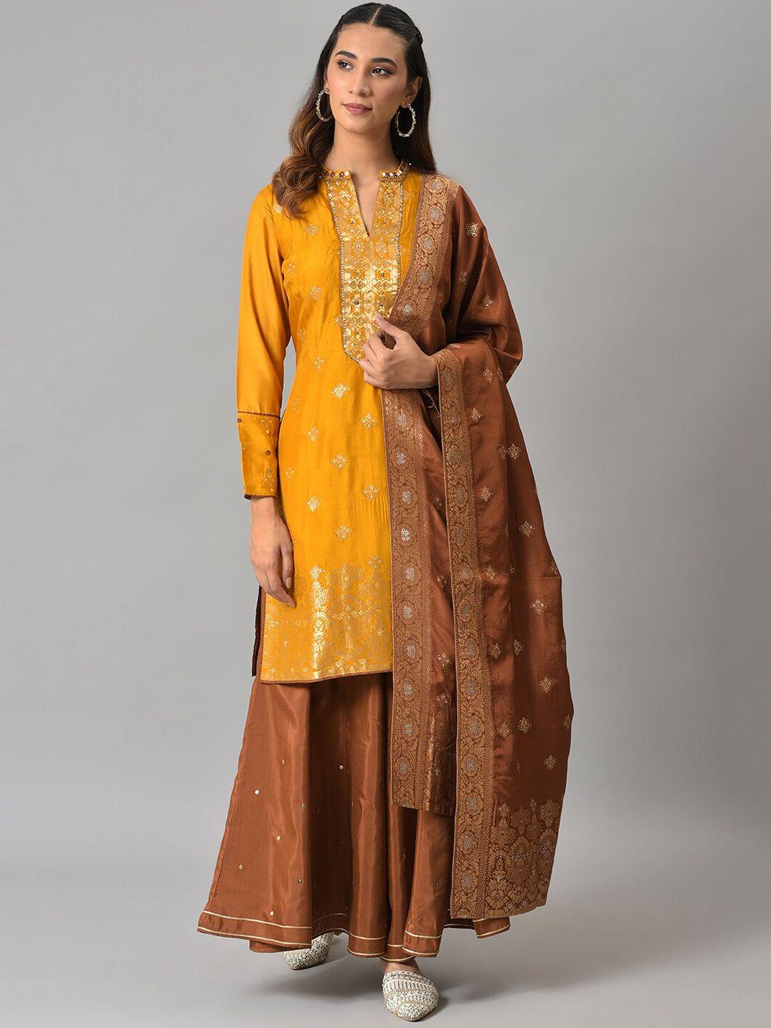 wishful women yellow paisley embroidered kurta with sharara with dupatta