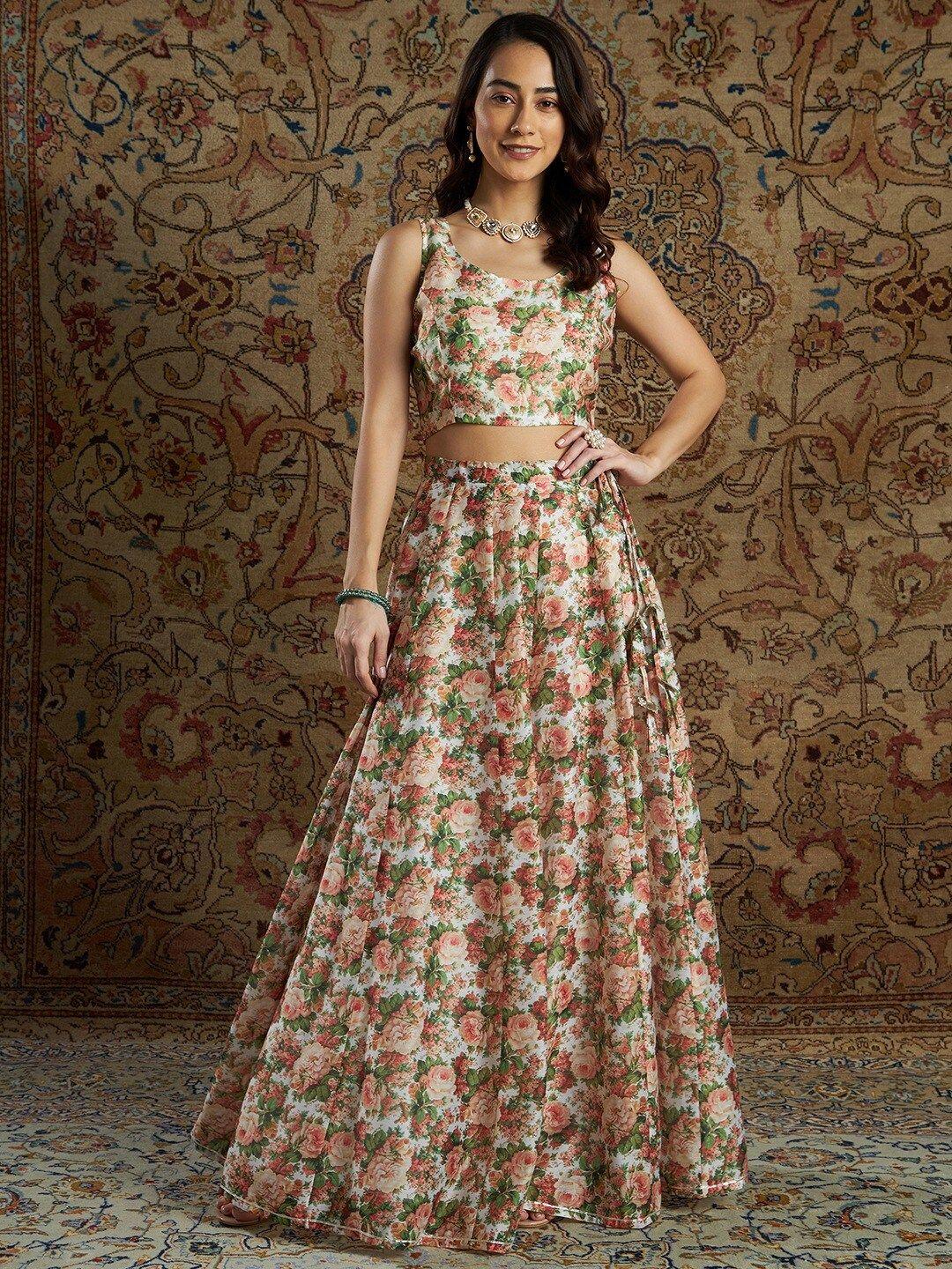 shae by sassafras women white & peach-coloured printed ready to wear lehenga choli