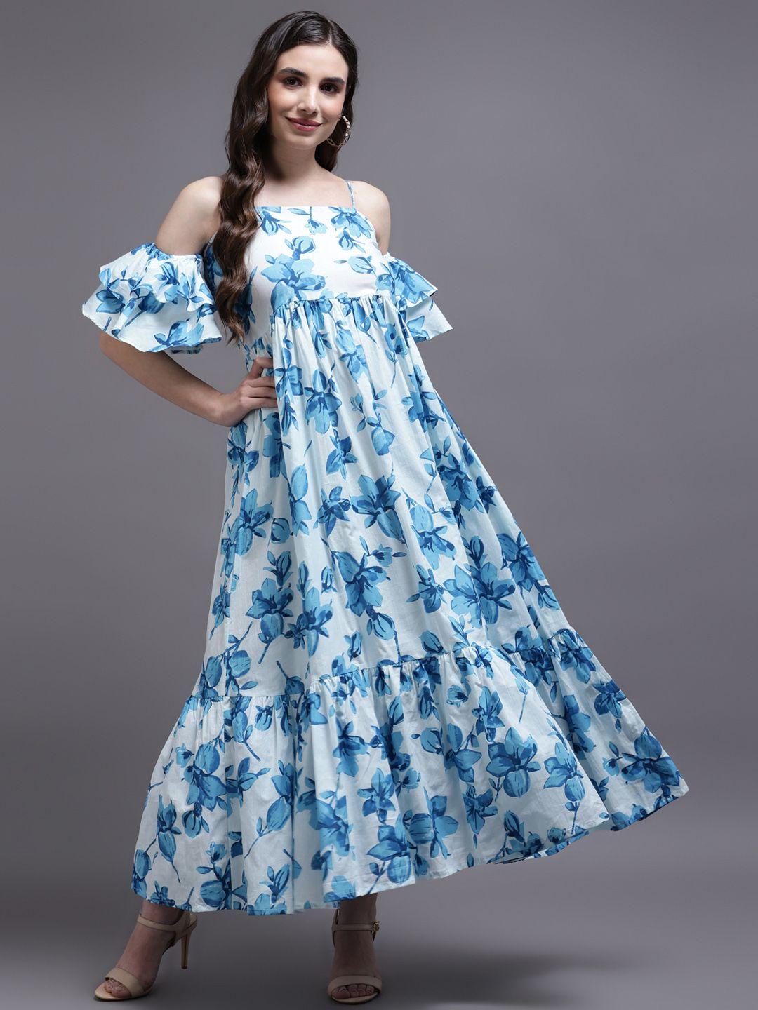 kalini women blue & white floral off-shoulder maxi dress