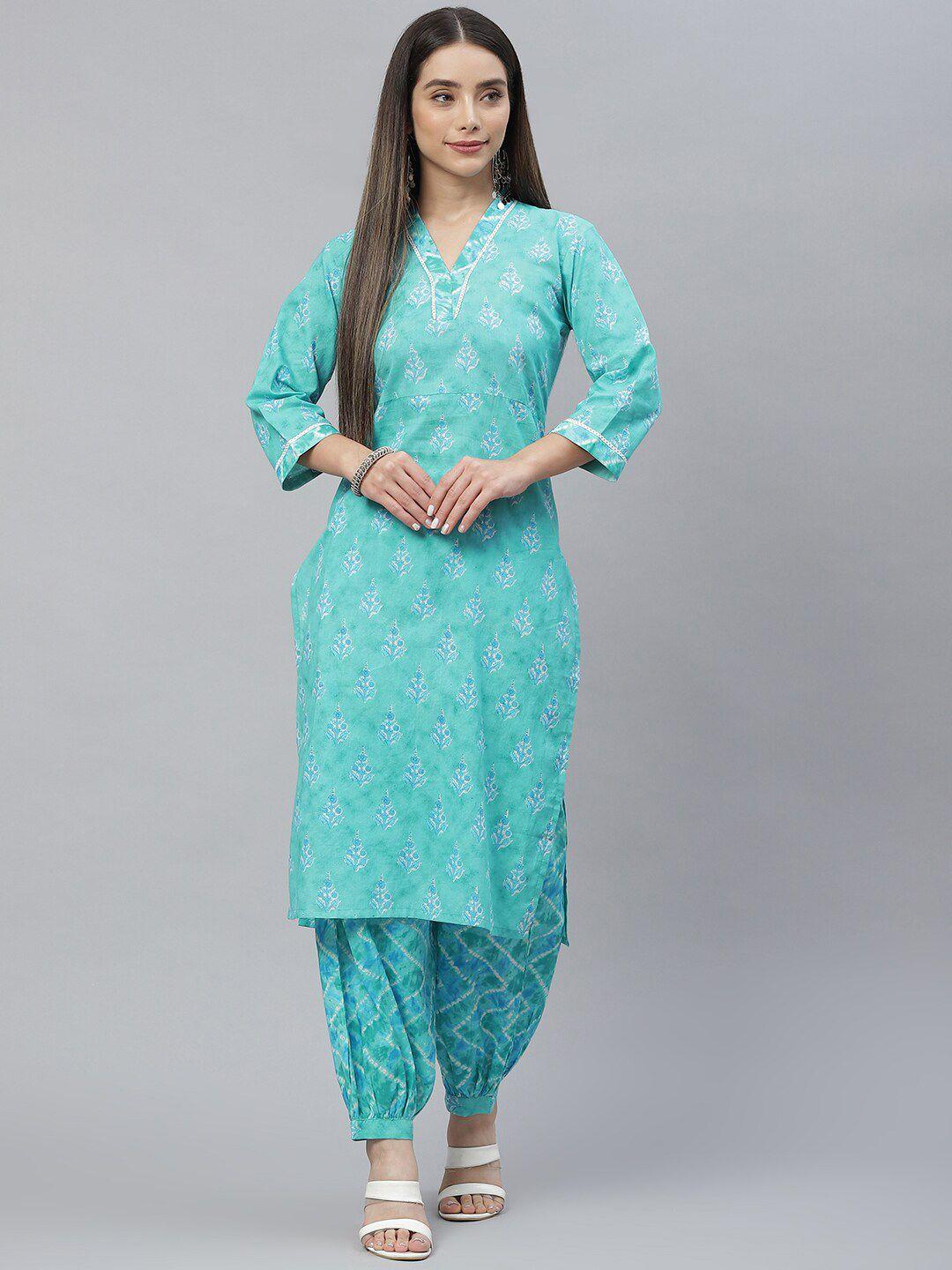 indibelle women teal green floral cotton printed kurta