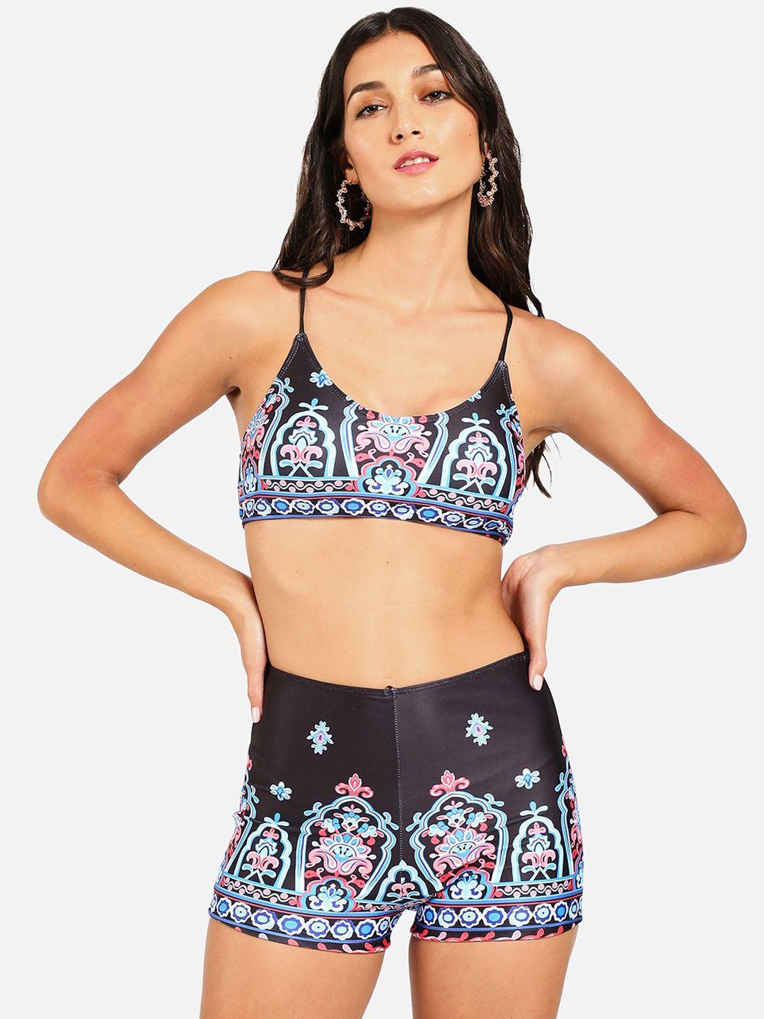 haute sauce by  campus sutra women black & blue printed swimwear