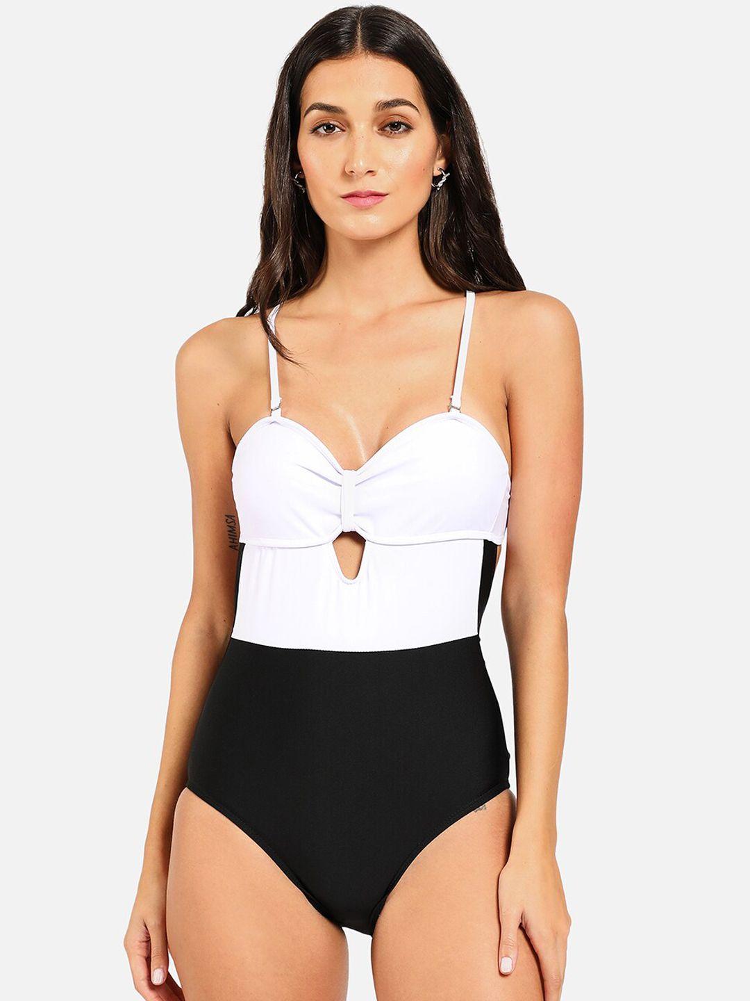 haute sauce by  campus sutra women black and white solid swimwear