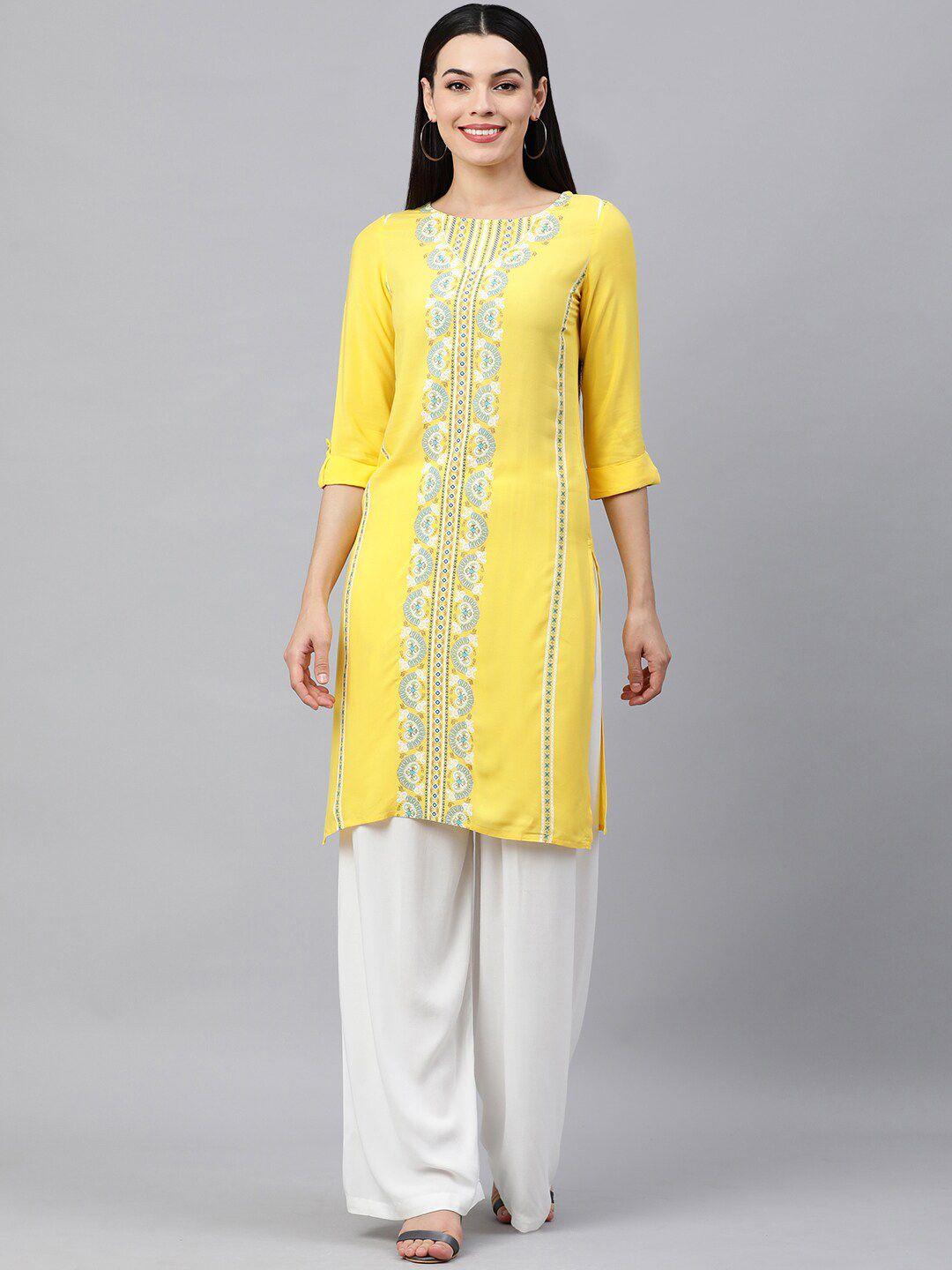 here&now yellow ethnic motifs printed straight fit kurti