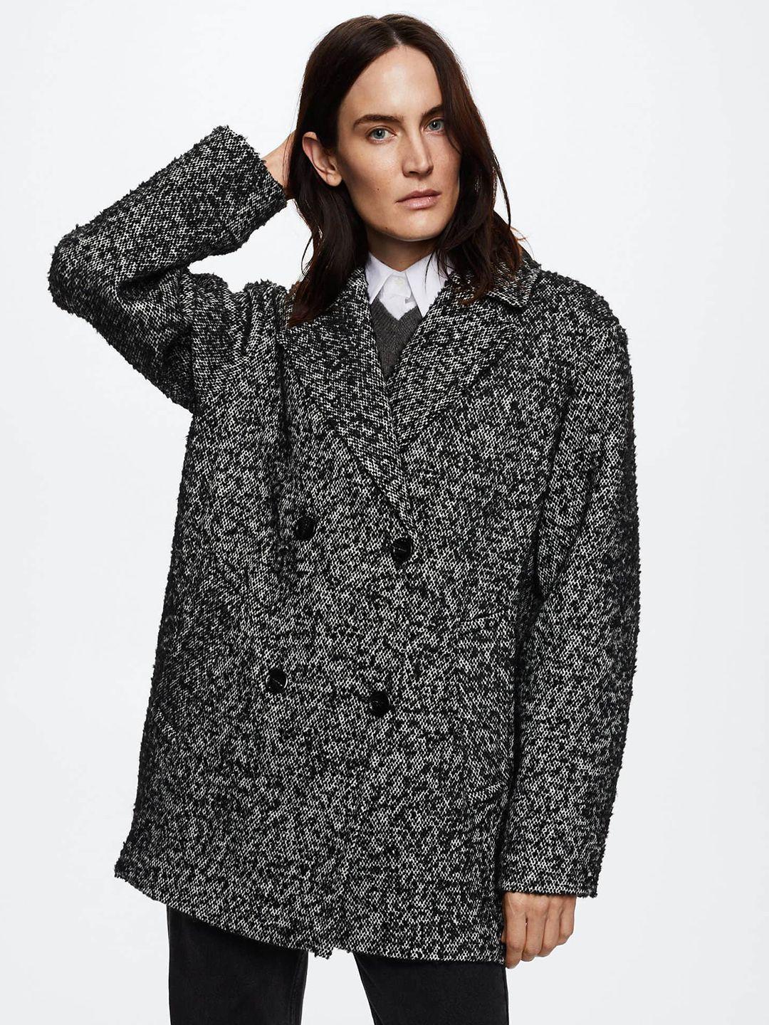 mango women black & white flecked double breasted textured sustainable overcoat