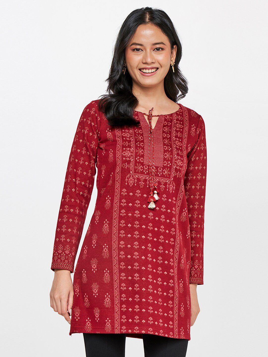 global desi women maroon ethnic printed long sleeves tunic