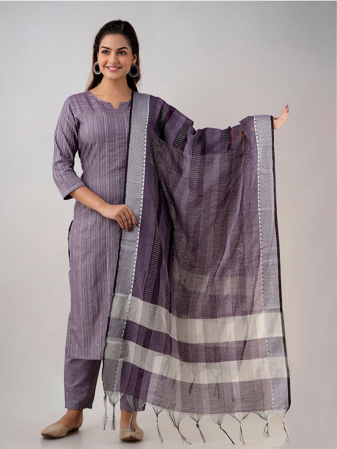 ckm women purple striped sequinned kurta with trouser & dupatta set