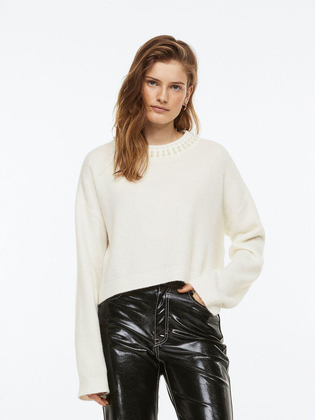 h&m women white beaded jumper