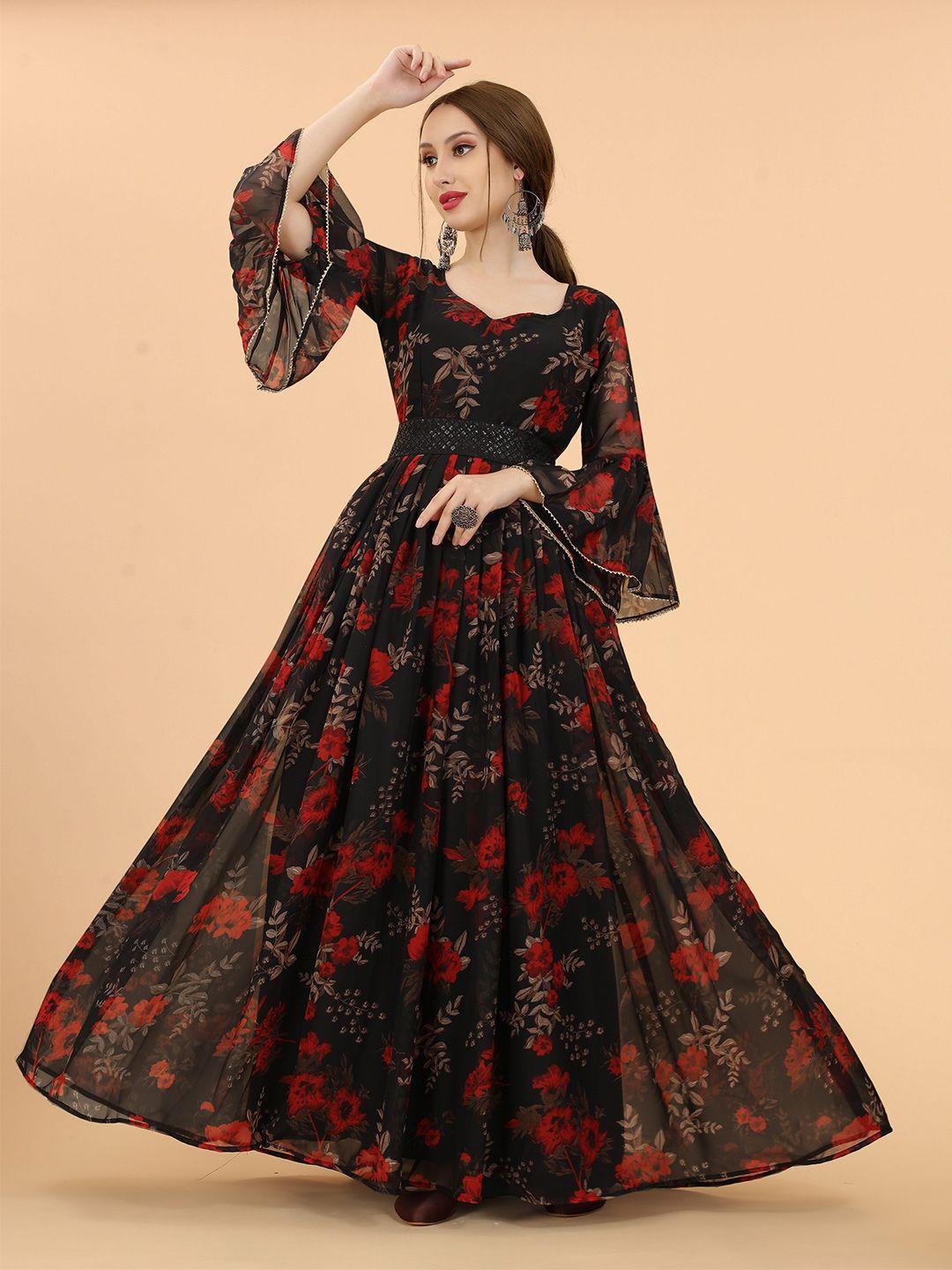 aspora women black & red floral fit and flare maxi dress