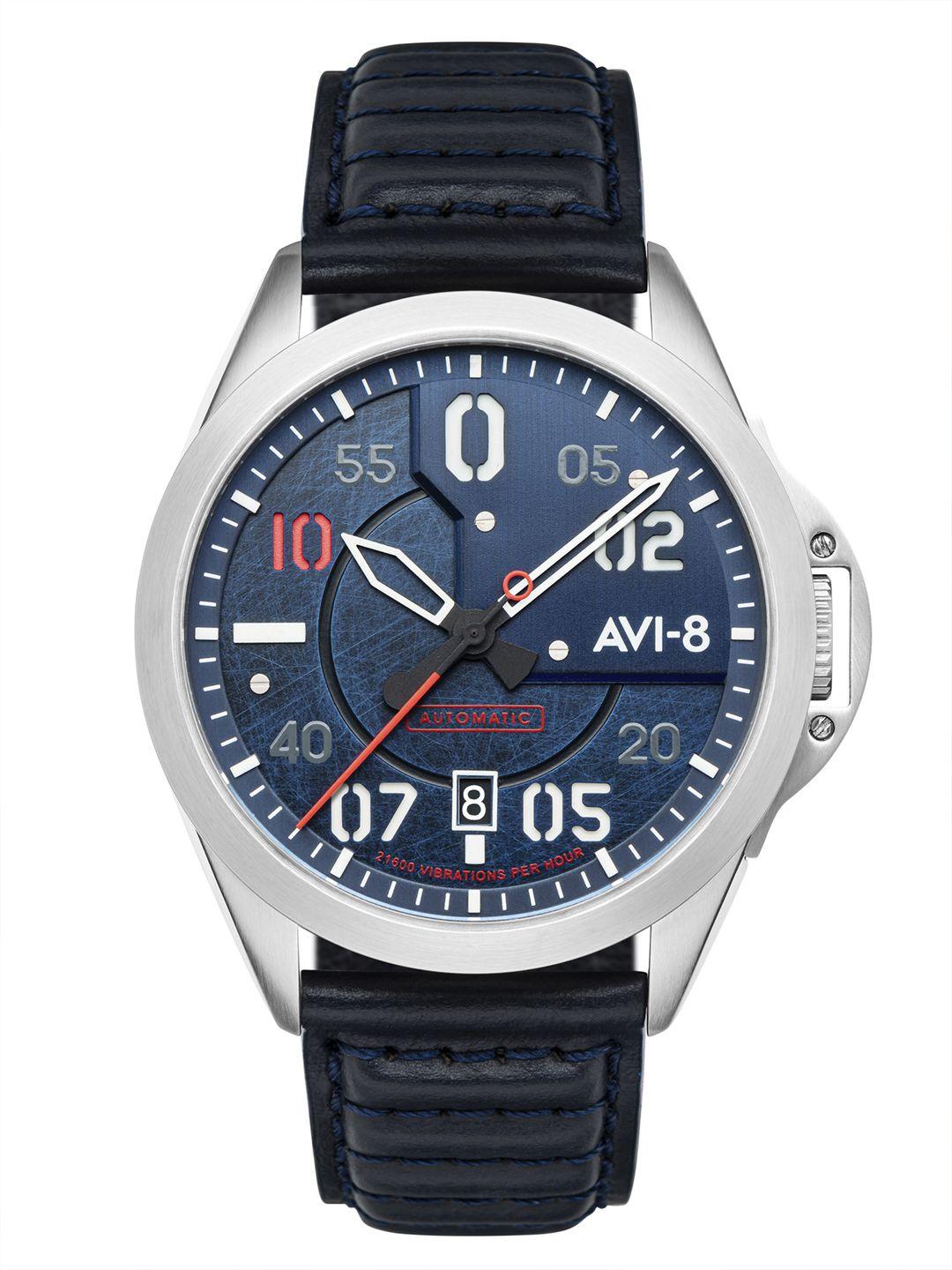 avi-8 men blue brass printed dial & blue leather straps analogue watch