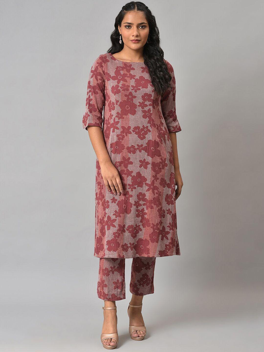 w women brown floral printed kurta with trouser