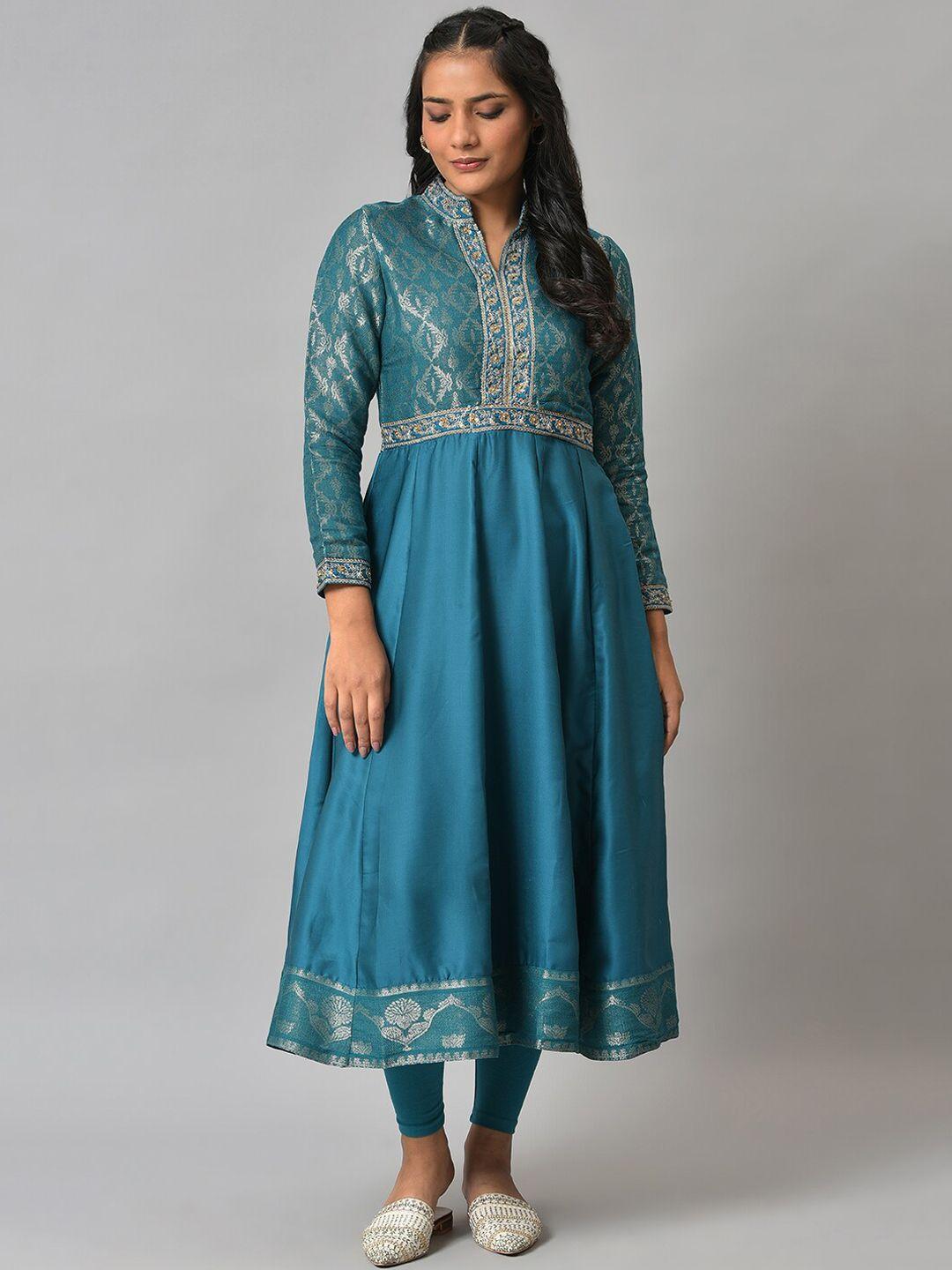 wishful women teal floral woven design kurta with leggings