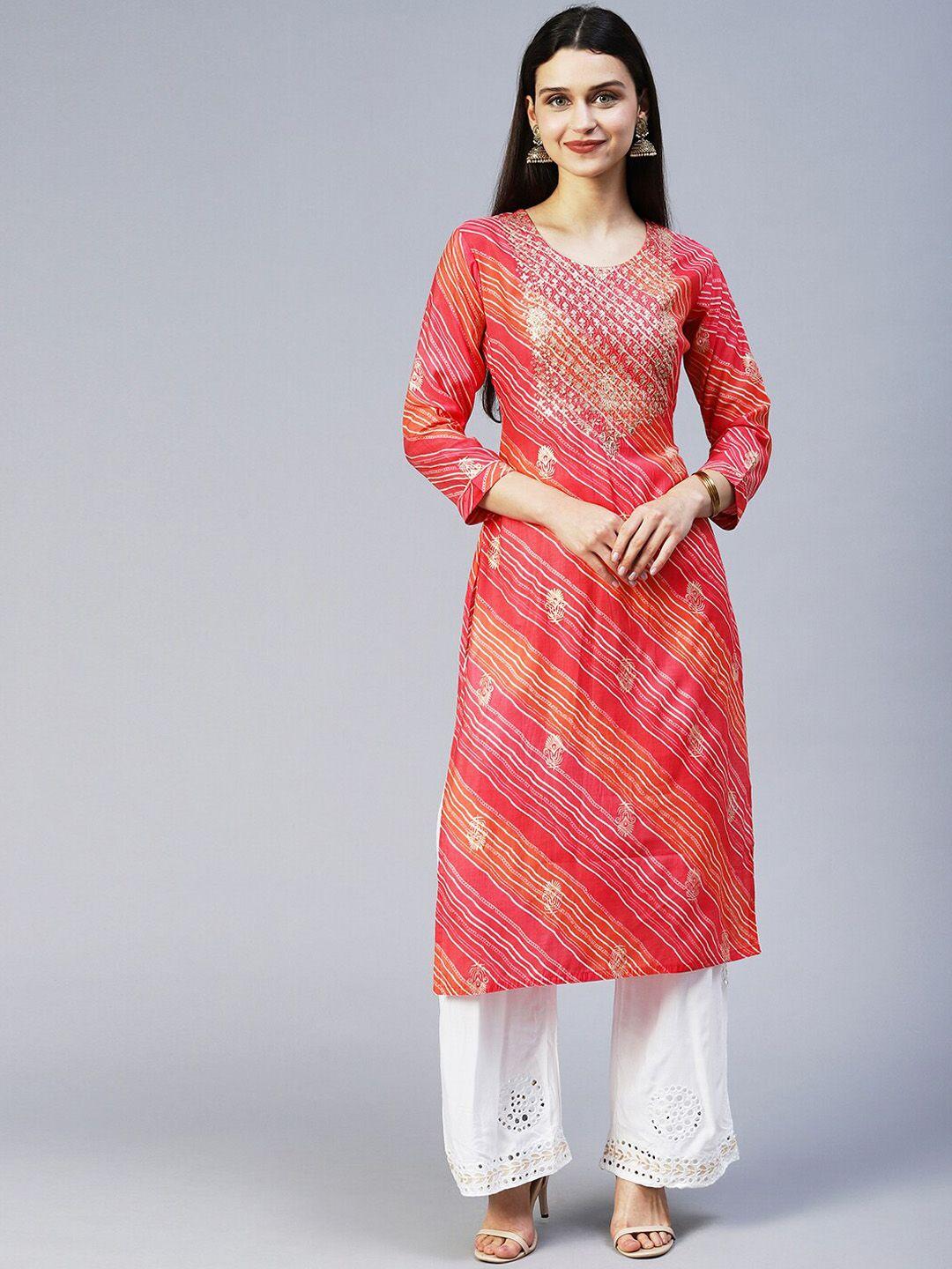 fashor women pink & orange embroidered kurta