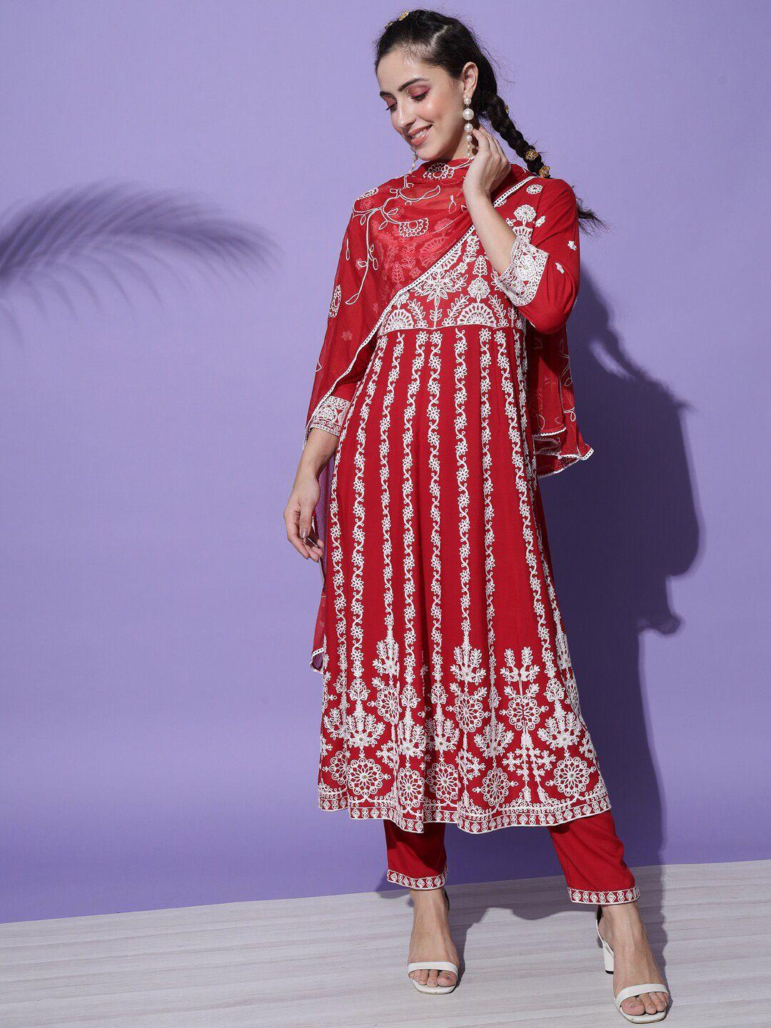 amiras indian ethnic wear women red ethnic motifs embroidered kurta set