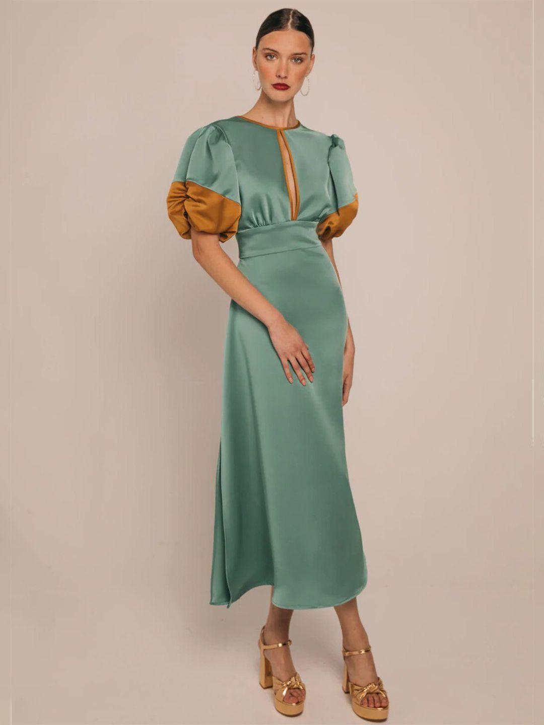 khushboo and pankaj sea green satin a-line midi dress