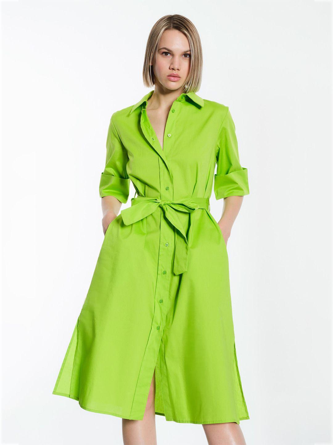 khushboo and pankaj women lime green solid cotton shirt dress