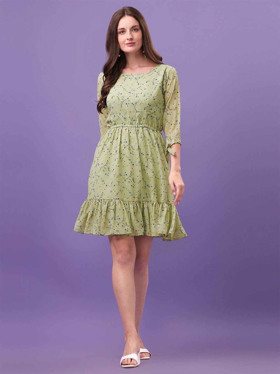 aspora women olive green & blue floral chiffon dress