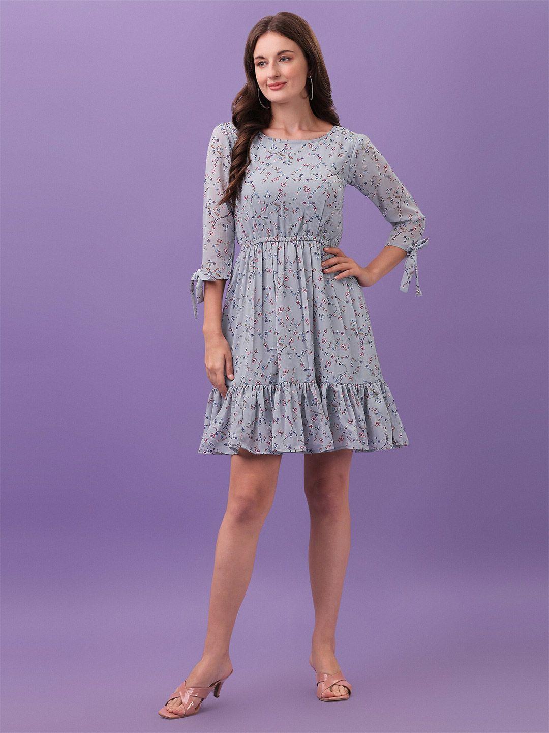 aspora women grey & blue floral chiffon dress