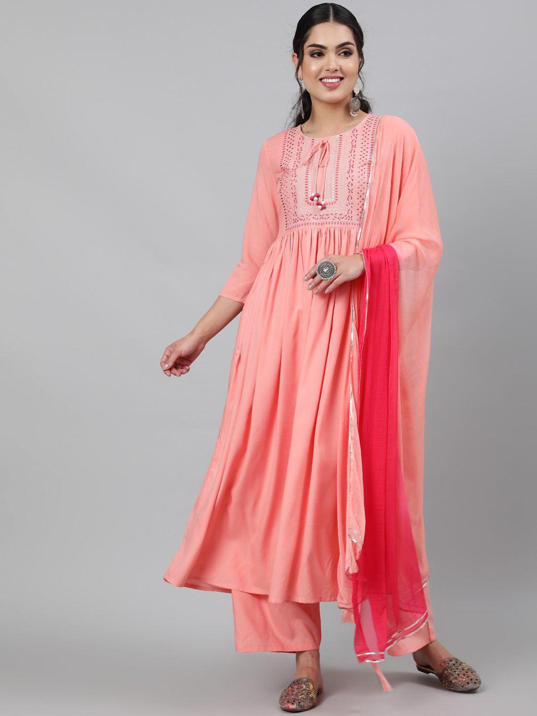 indie closet women peach-coloured ethnic motifs embroidered empire kurta with palazzos & with dupatta