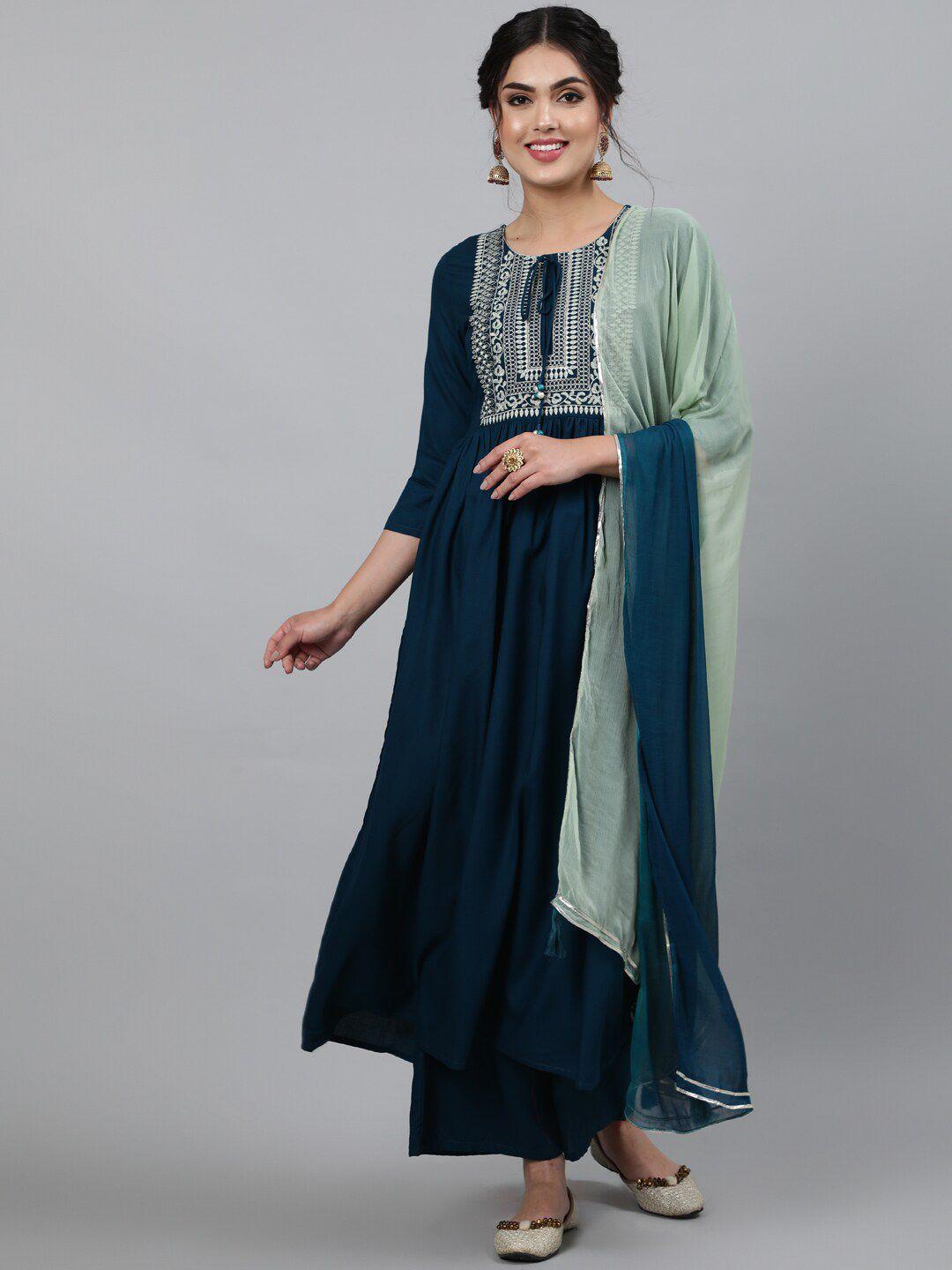 indie closet women teal blue embroidered pleated kurta with palazzo & dupatta set