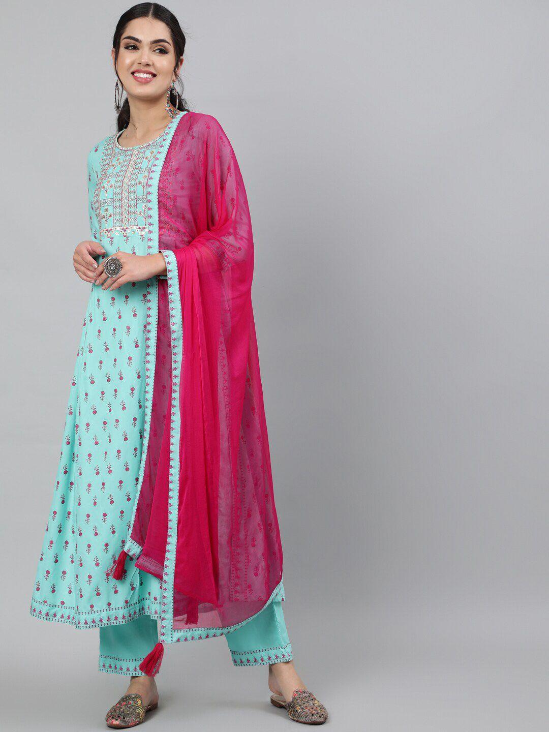 indie closet women sea green floral printed thread work kurta with trouser & dupatta