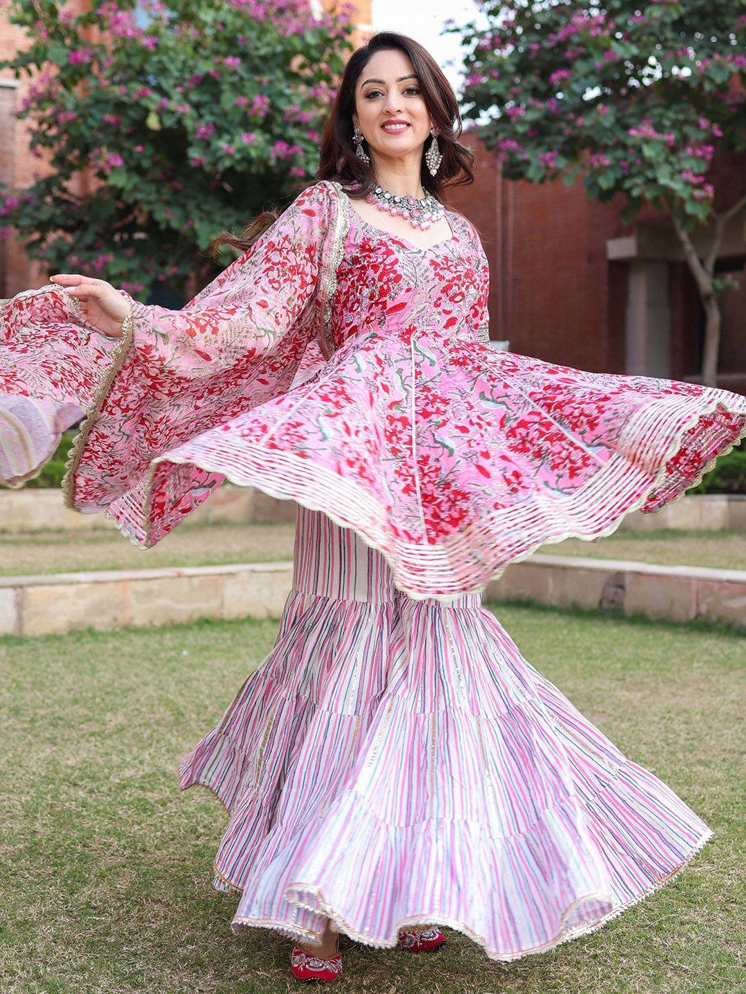 aachho women pink printed handblock pure cotton kurta with sharara & with dupatta