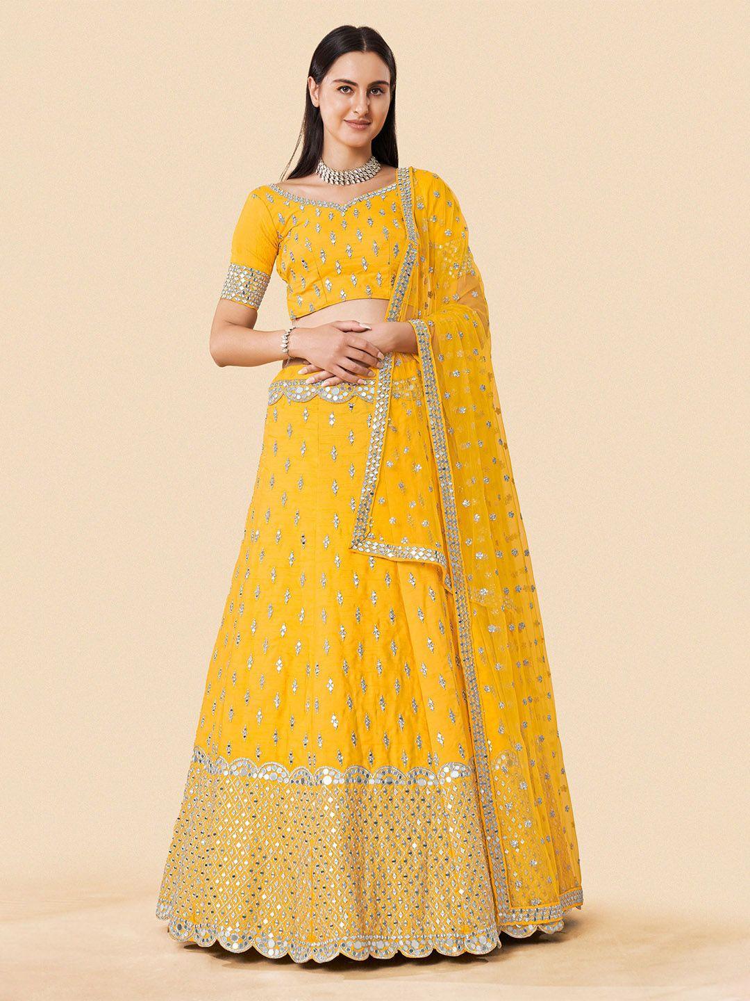 fusionic yellow & gold embroidered mirror work semi stitched lehenga & blouse with dupatta