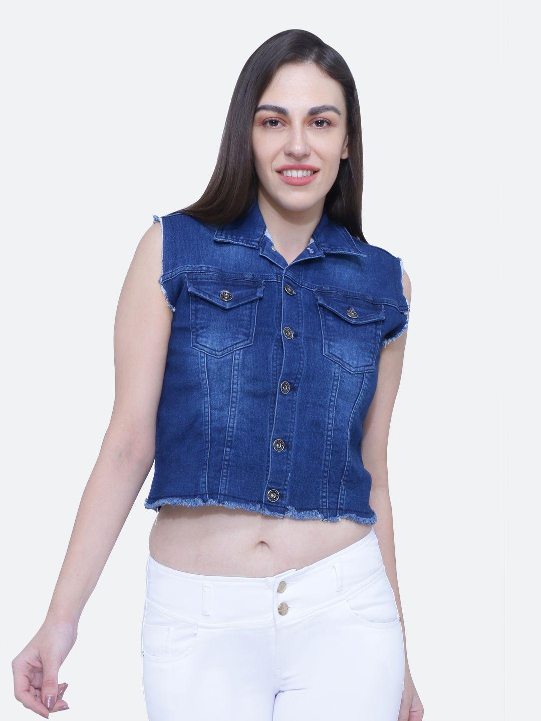 fck-3 women blue washed crop cotton denim jacket