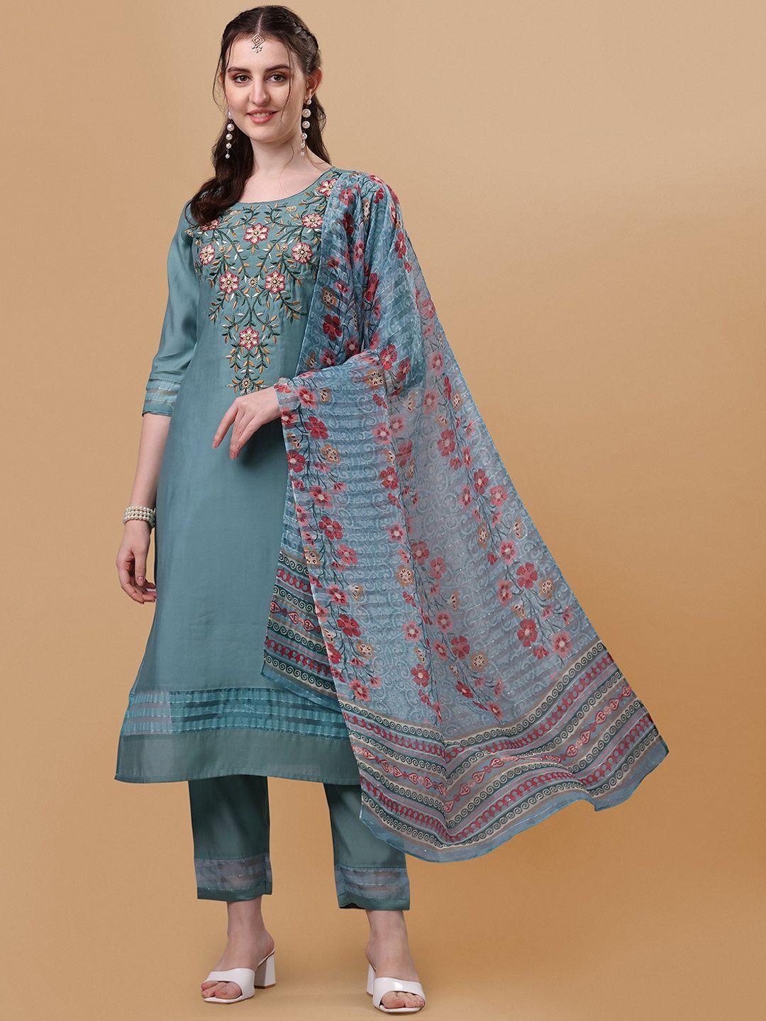 berrylicious blue floral embroidered thread work chanderi cotton kurta with trousers & dupatta