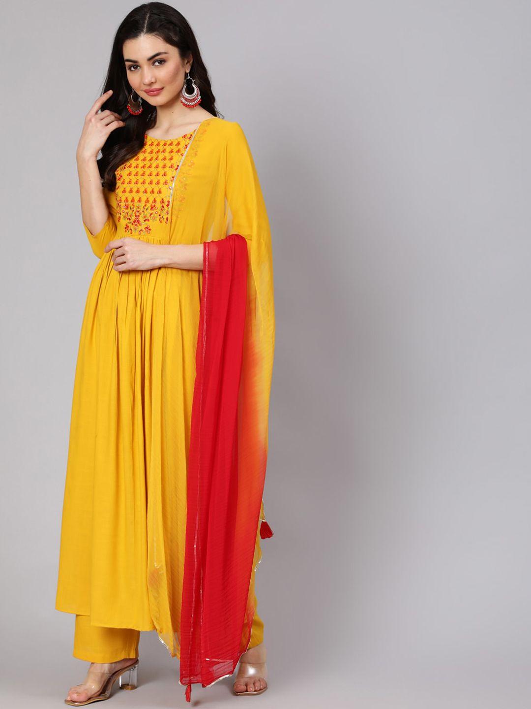 indie closet women mustard yellow embroidered mirror work kurta with palazzo & dupatta