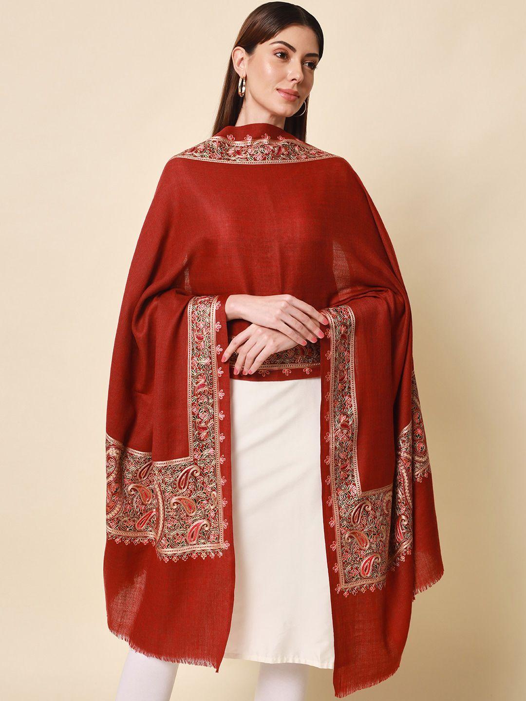 pashmoda women maroon embroidered pure wool shawl