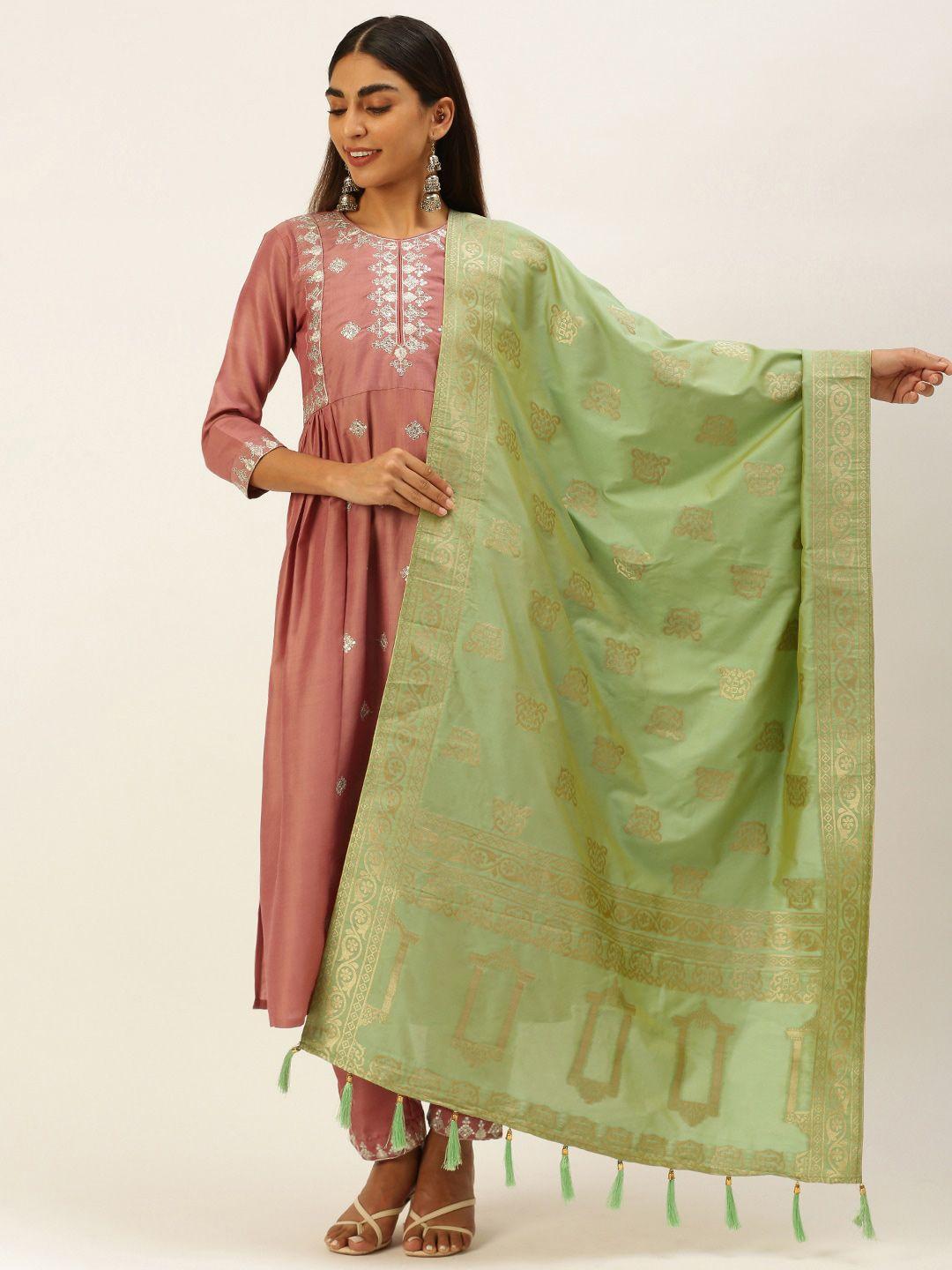 panchhi green & gold-toned ethnic motifs woven design dupatta with zari