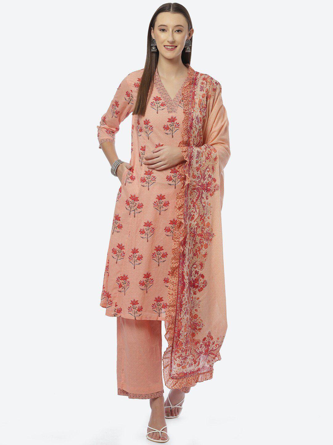 biba women peach-coloured floral printed kurta with palazzos & dupatta