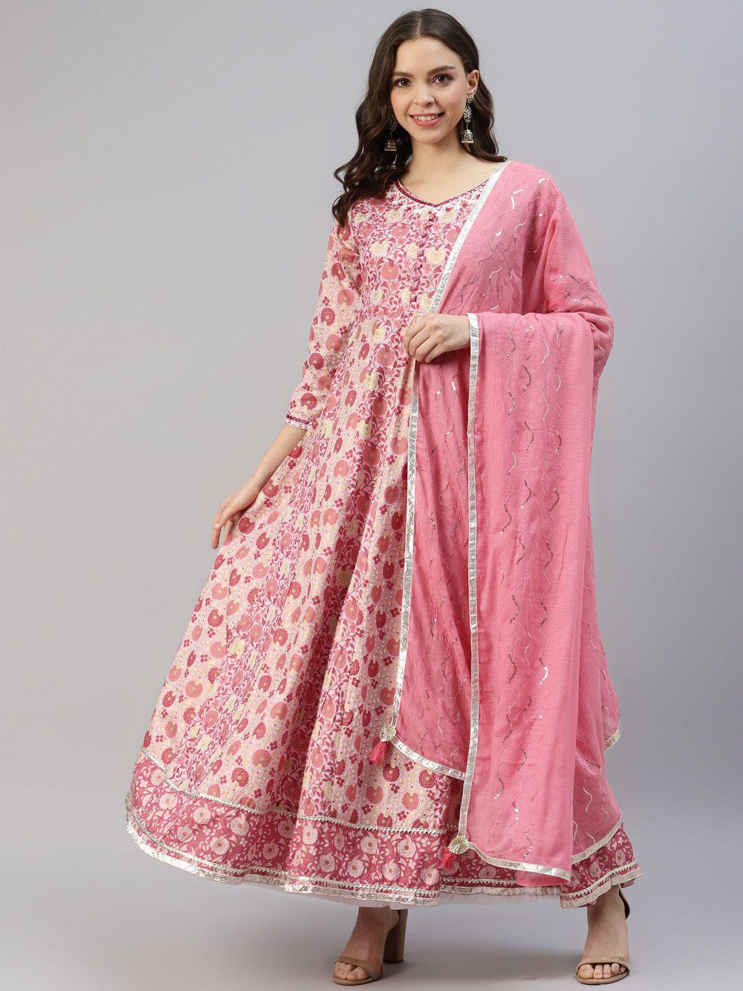 divyank women pink ethnic motifs printed gotta patti anarkali kurta