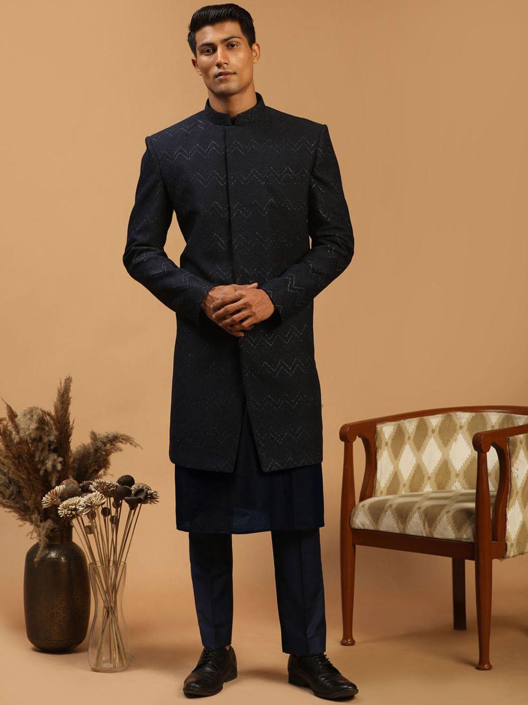 shrestha by vastramay men navy blue printed slim-fit sherwani set