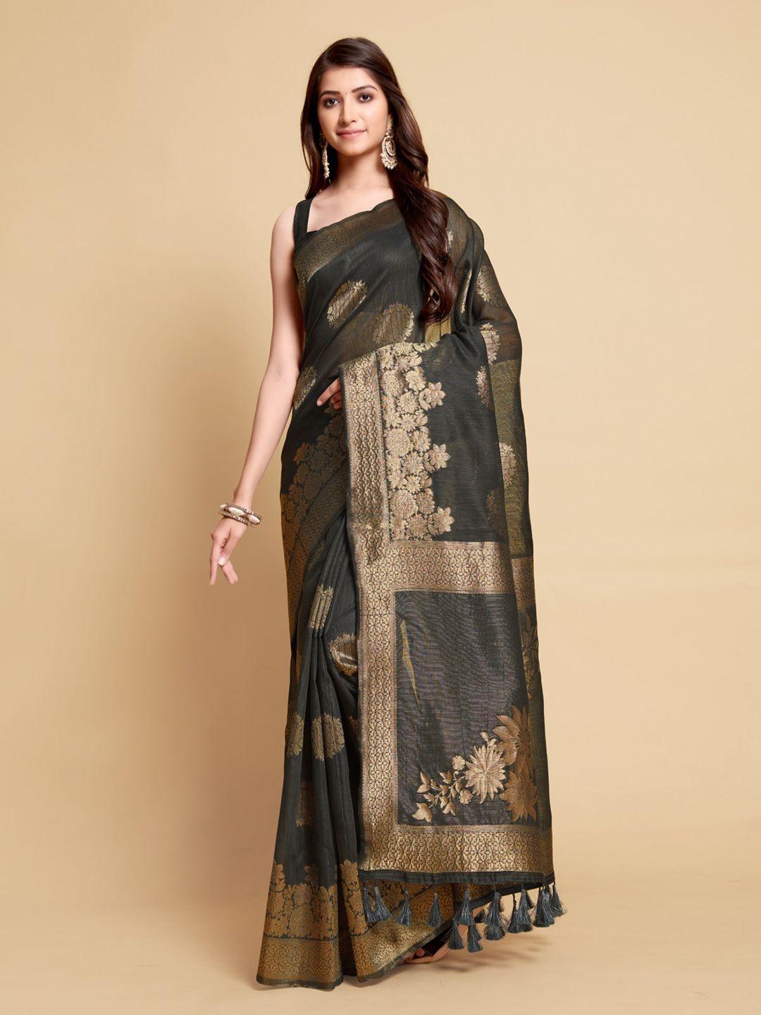 gajarai grey & gold-toned woven design zari linen blend kanjeevaram saree