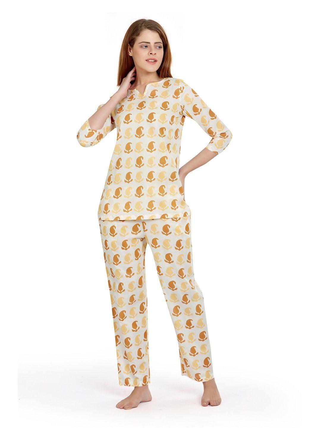 maysixty women off white & camel brown printed night suit