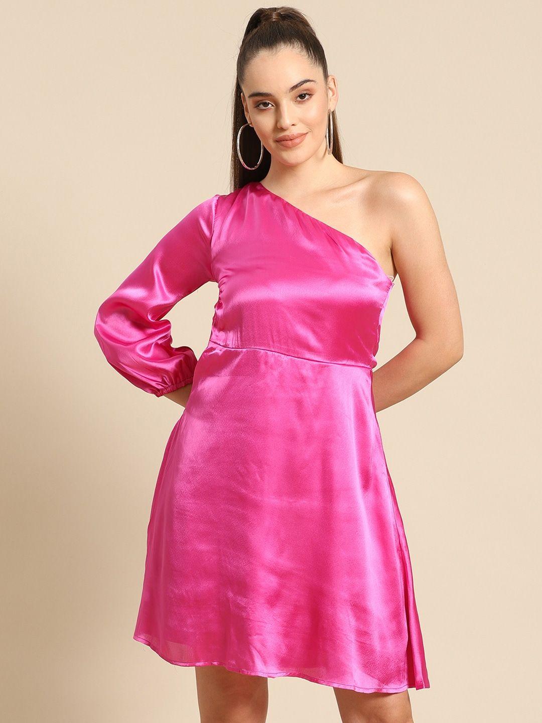 dodo & moa pink one shoulder fit and flare dress