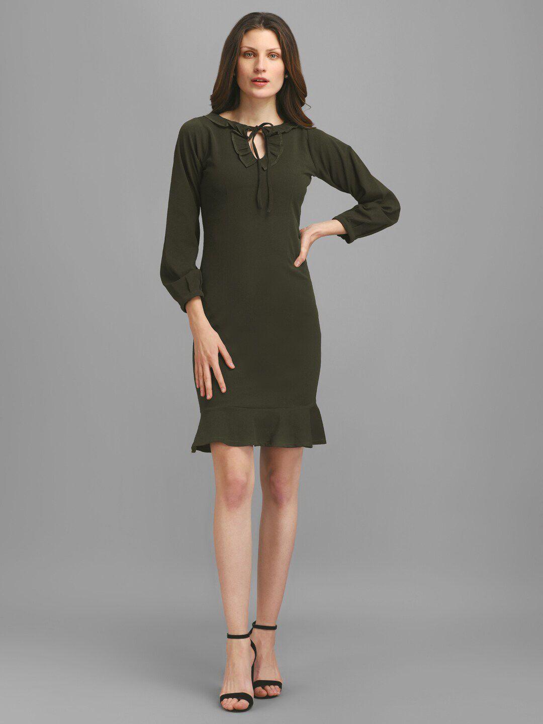 purvaja women olive green tie-up neck sheath dress