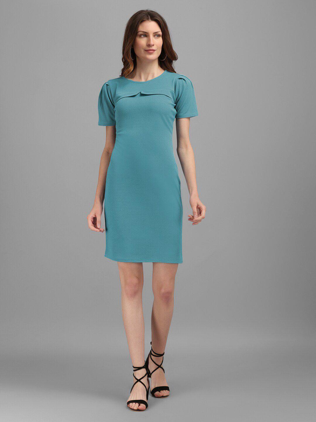 purvaja women turquoise blue round neck sheath dress