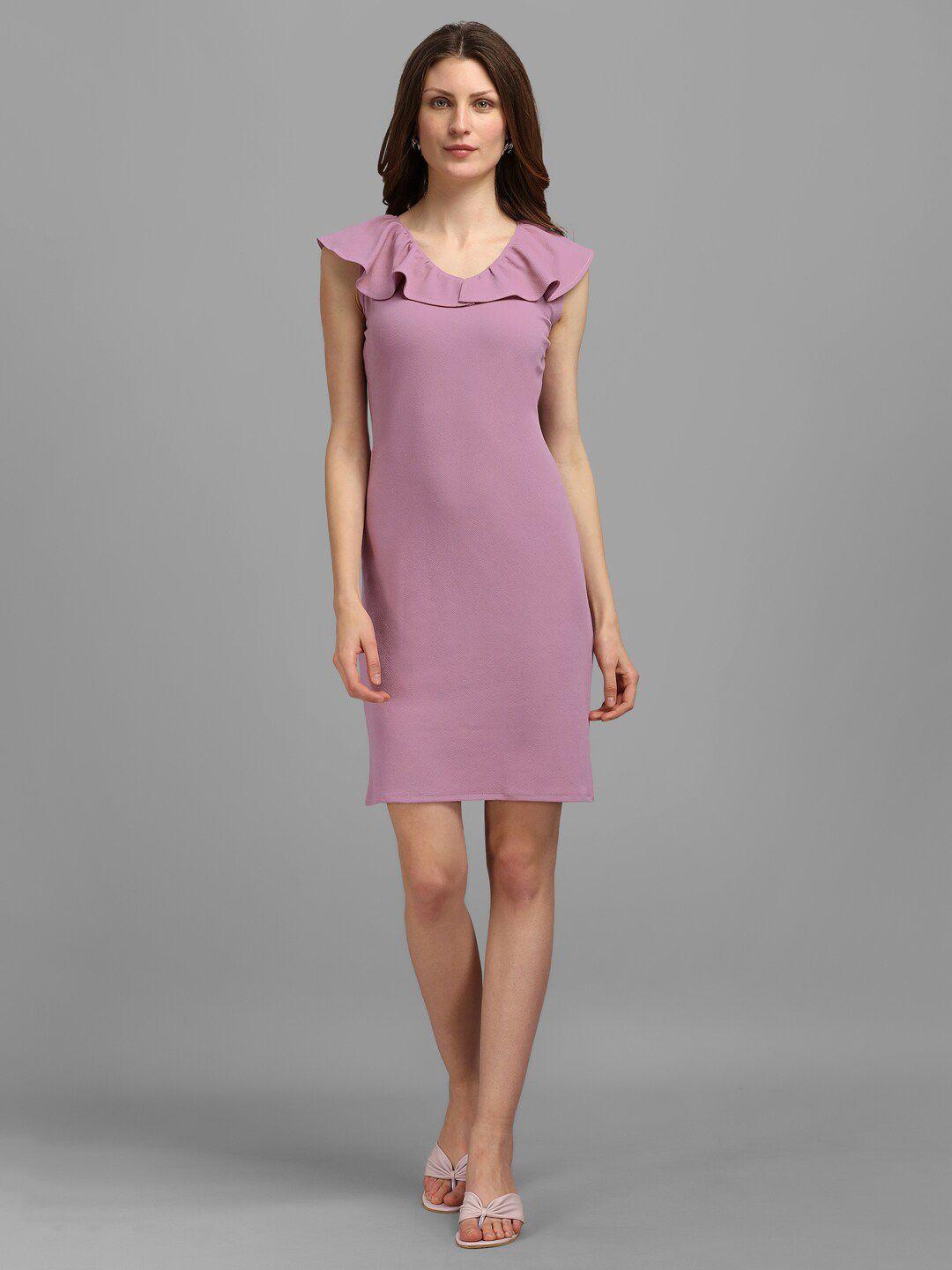 purvaja violet ruffled detailed sleeveless sheath dress