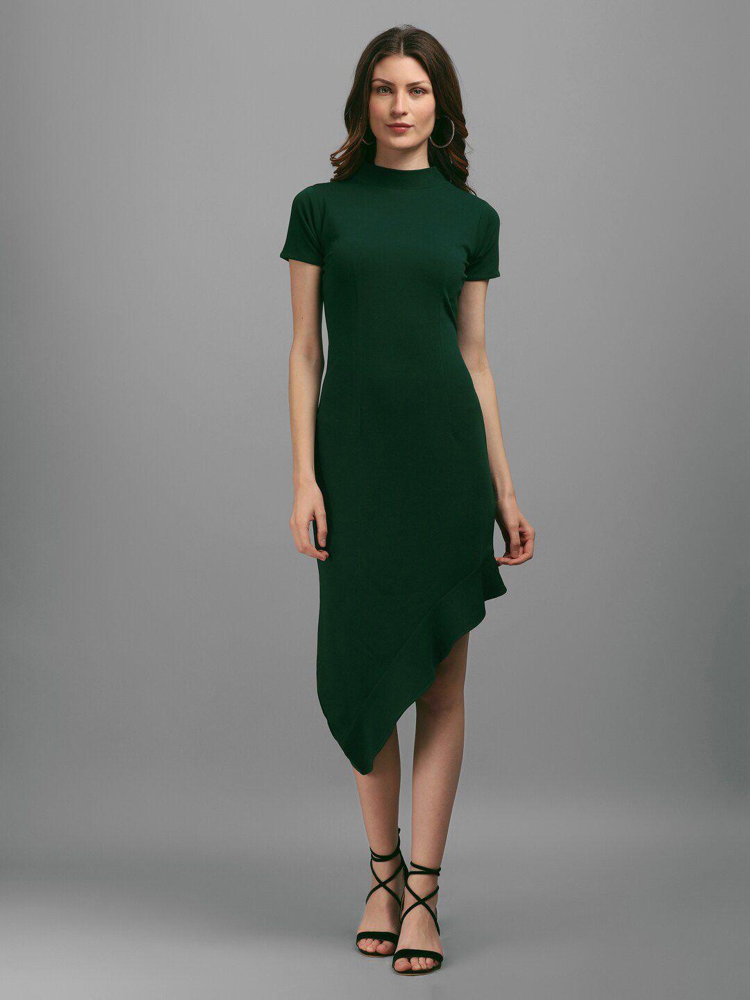 purvaja green mock neck asymmetrical sheath dress