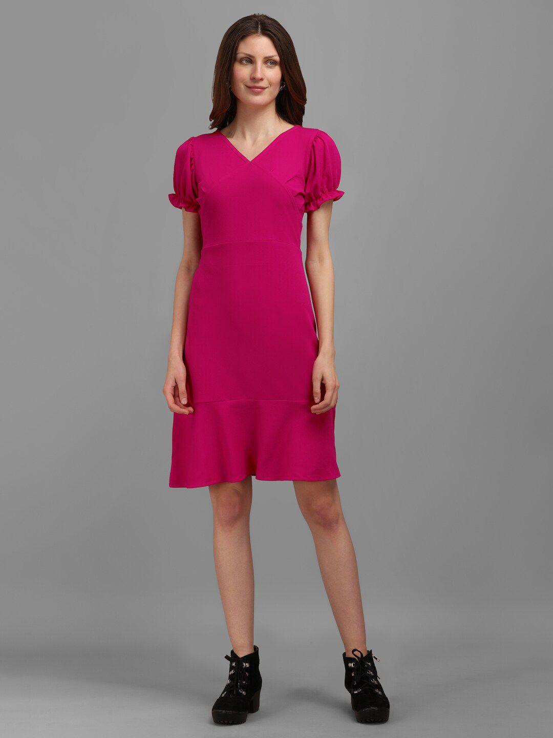 purvaja fuchsia puff sleeves v-neck flounce sheath dress