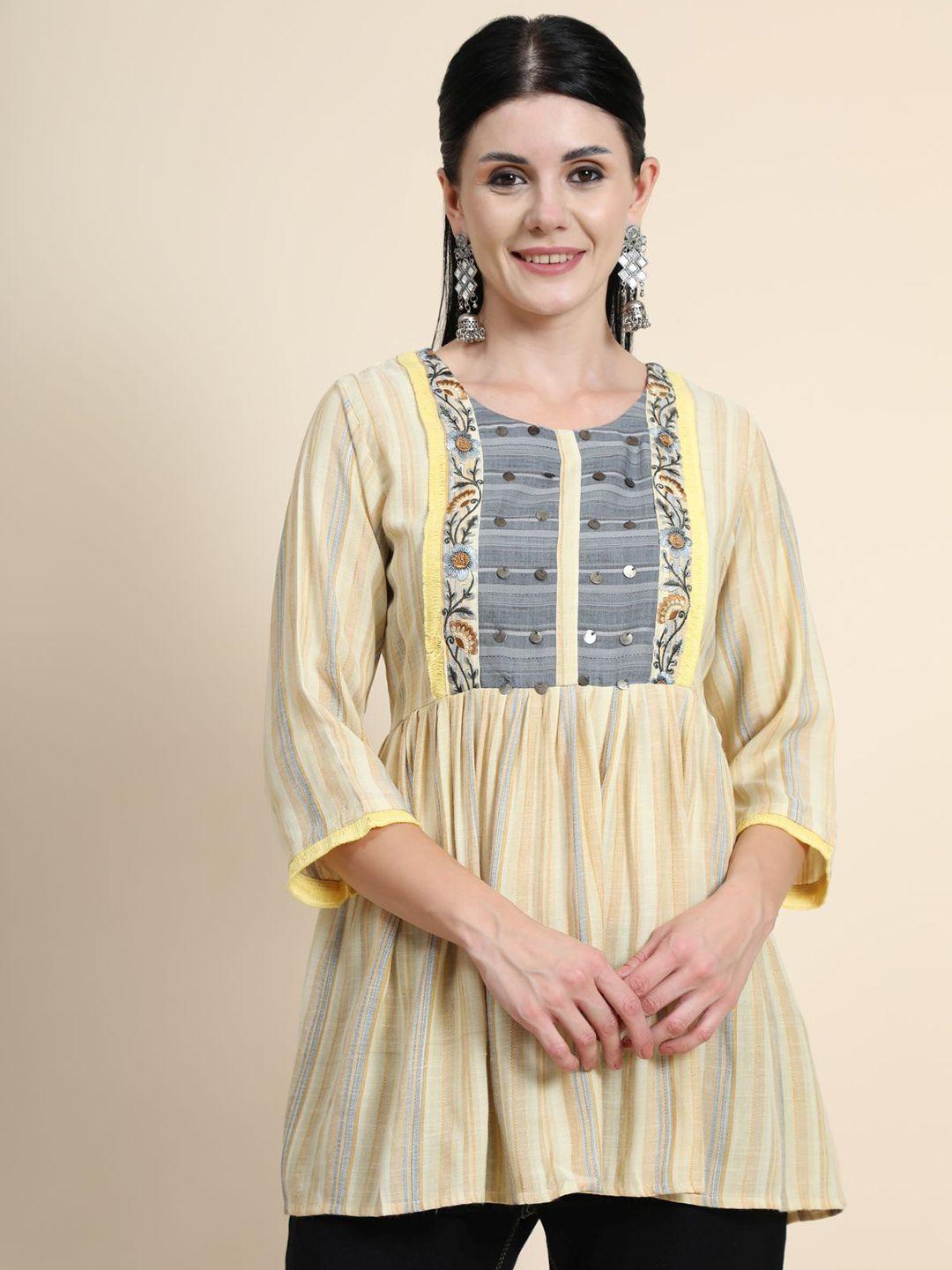 kalini floral embroidered sequinned linen sequinned empire kurti