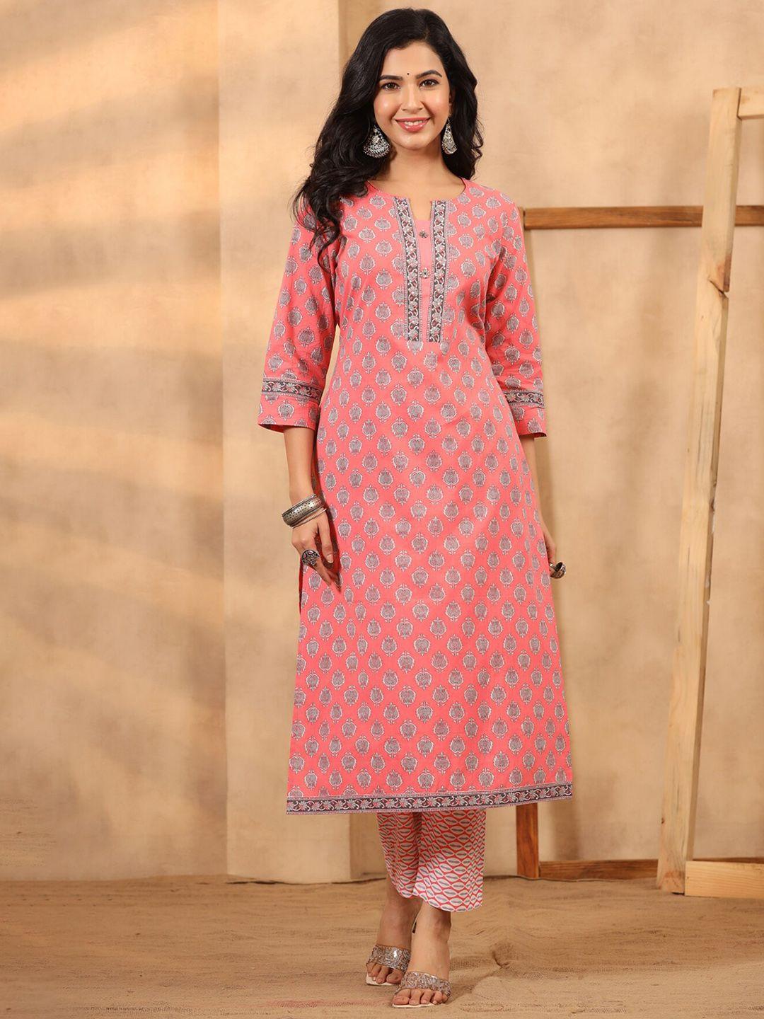 rain & rainbow women ethnic printed pure cotton kurta with trousers & dupatta